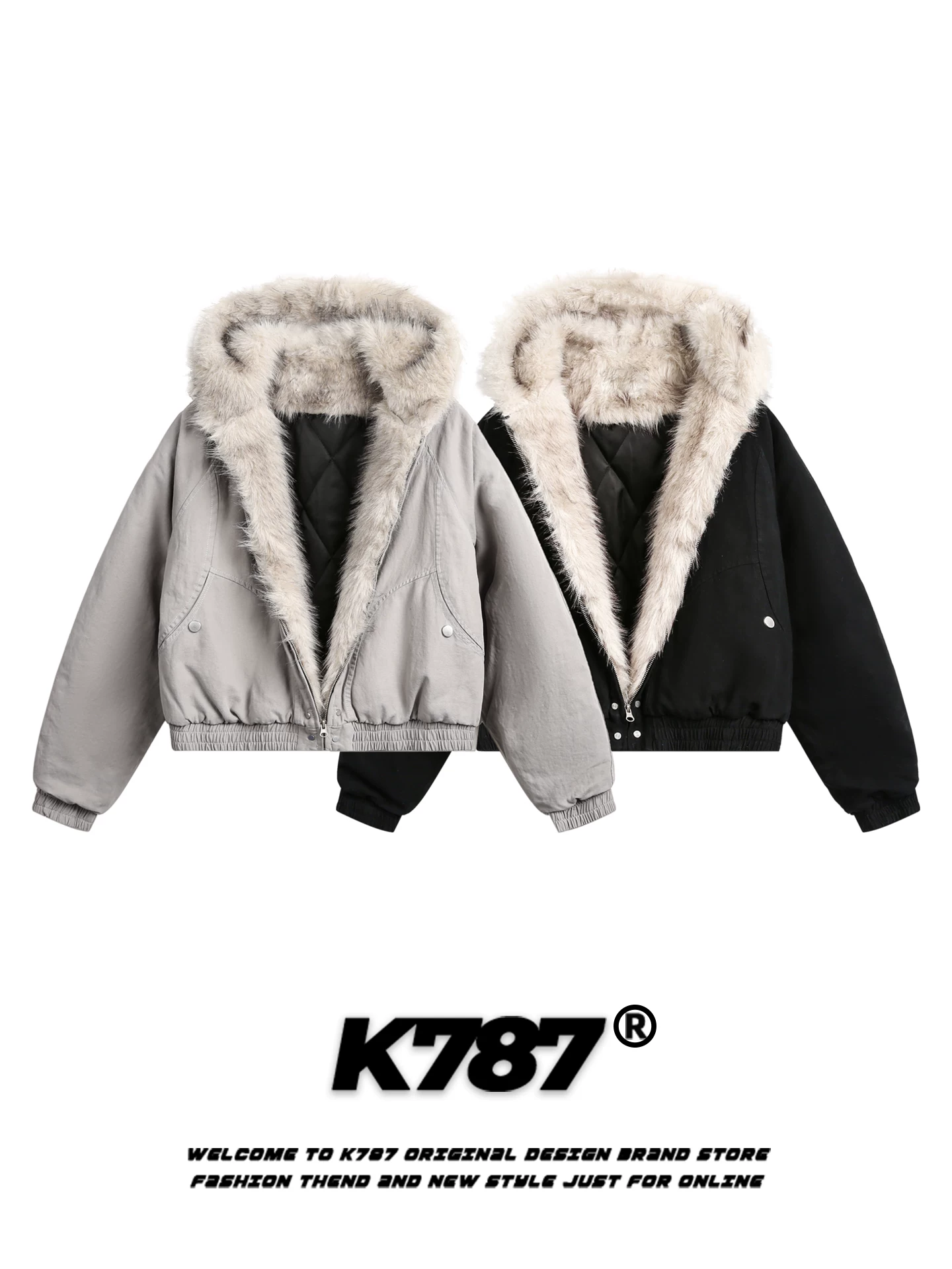 Áo khoác cotton ngắn có mũ trùm đầu dày dặn phong cách retro Mỹ K787 có cổ lông dành cho nam và nữ, áo khoác ngắn kiểu dáng gọn gàng