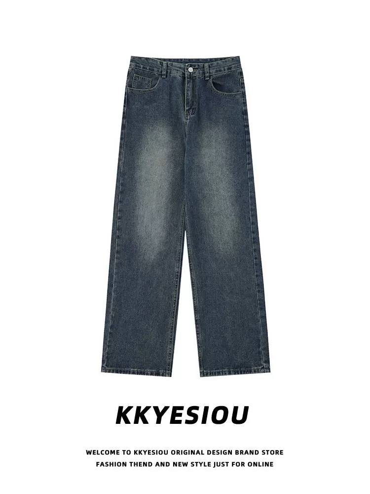Quần jeans màu vàng đất, kiểu dáng đường phố retro Mỹ, chất liệu washed, dành cho nam và nữ, cạp cao, dáng thẳng, phong cách casual.
