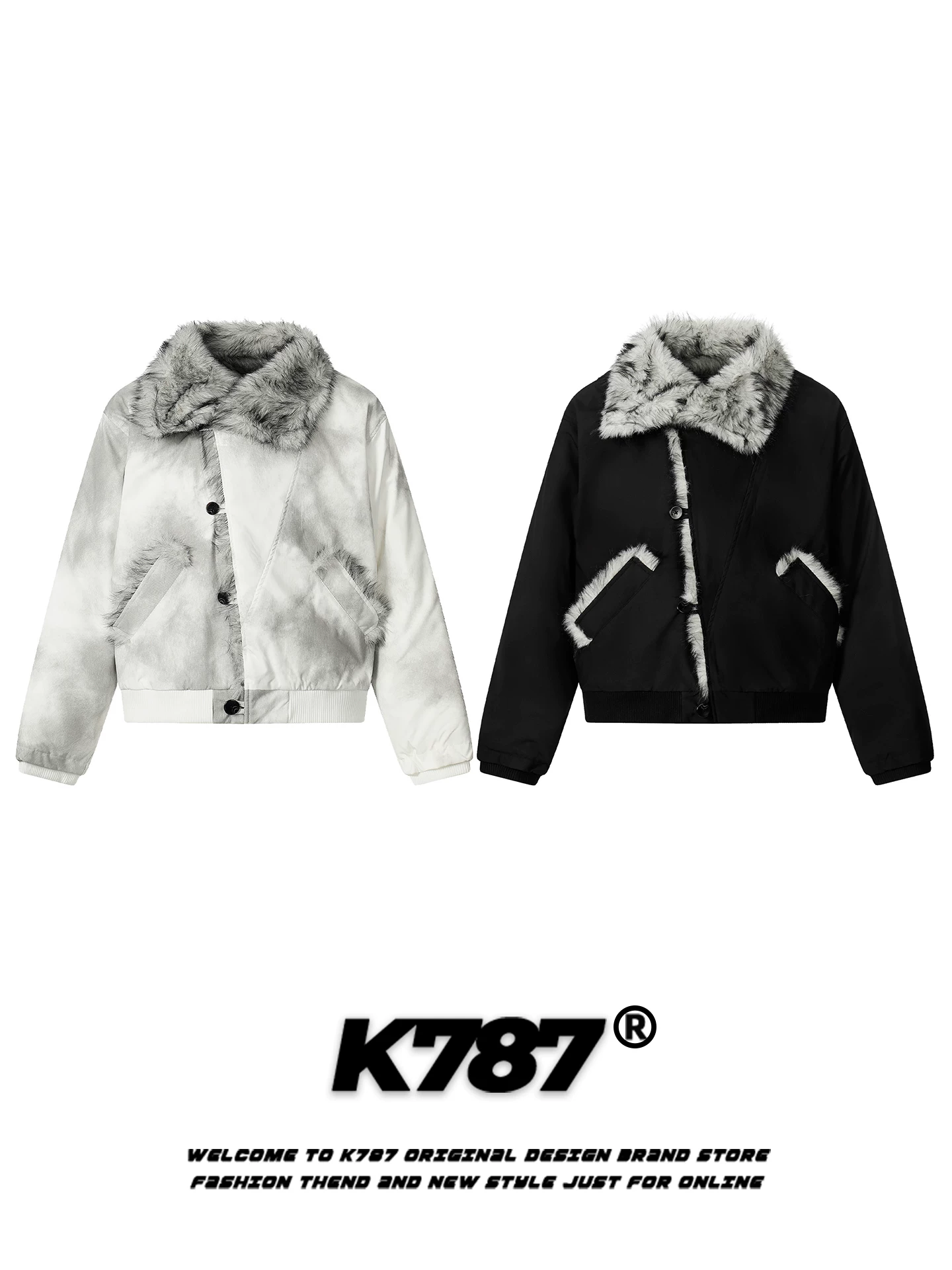 Áo khoác cotton cổ lông phối màu phong cách retro Mỹ K787 dành cho nam và nữ, phong cách lười biếng mùa thu đông, áo khoác cotton cặp đôi hợp thời trang