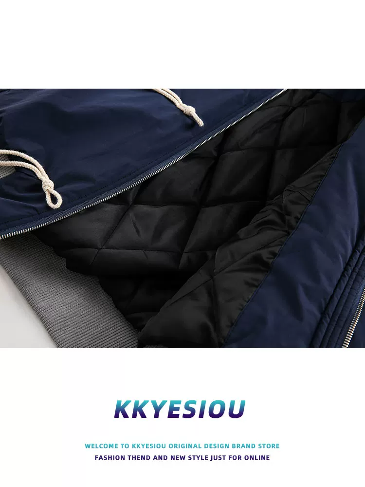 Áo khoác cotton có mũ trùm đầu kiểu cổ điển Mỹ KKyesiou dành cho nam và nữ, áo khoác cotton ngắn chần bông kiểu ghép mảnh.
