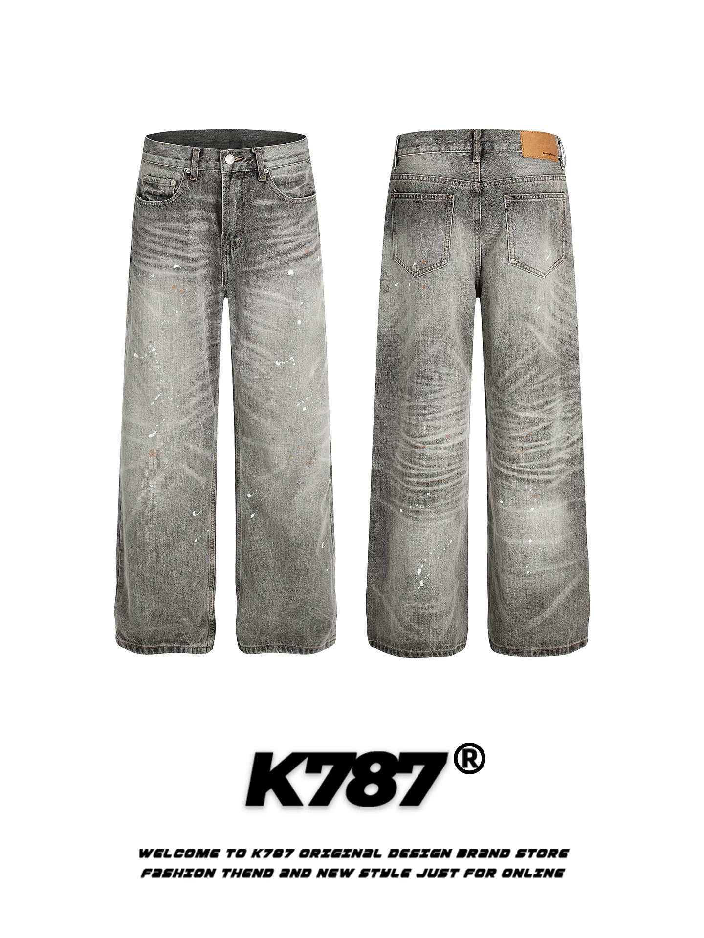 Quần jeans K787 kiểu Mỹ cổ điển, màu trắng phai, dành cho nam và nữ, dáng rộng, thời trang đường phố, cạp cao, kiểu dáng xu hướng, quần ống rộng, ống thẳng, phong cách thường ngày