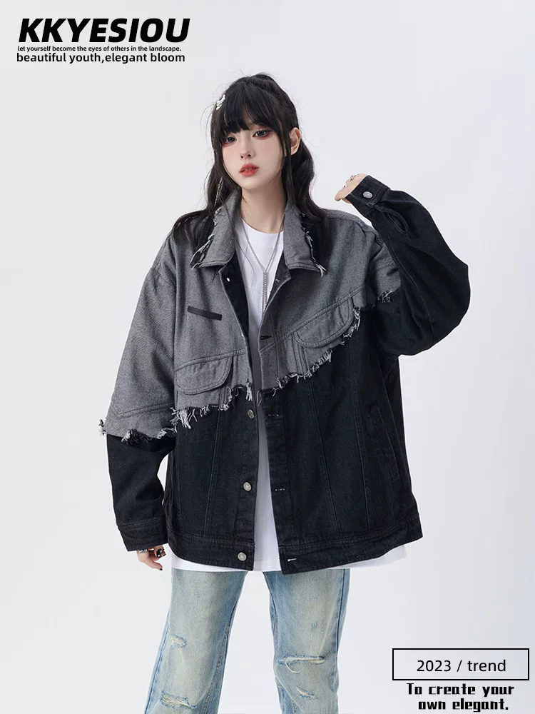 Áo khoác denim phối màu theo phong cách Mỹ của KKyesiou dành cho nam và nữ, áo khoác cặp đôi dáng rộng tua rua cổ điển