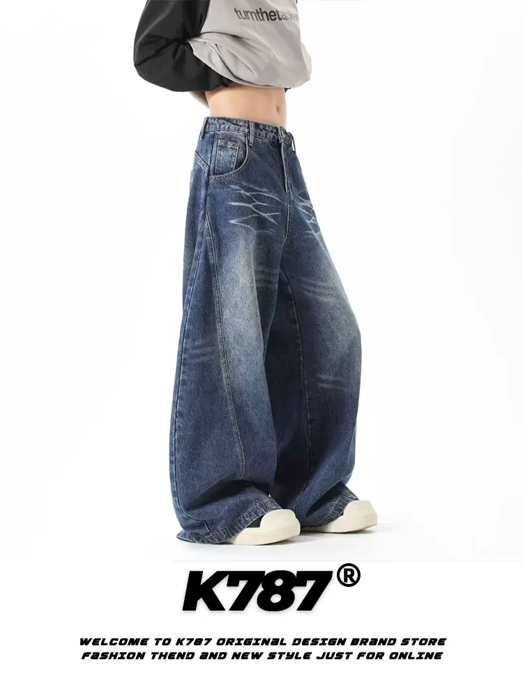 Quần jeans K787 kiểu Mỹ cổ điển, xước mài, unisex, dáng rộng, đa năng, cạp cao, kiểu dáng thanh lịch.
