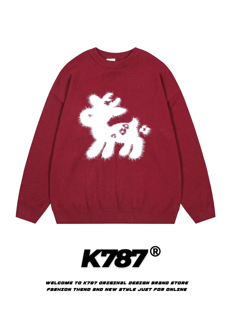 K787 Áo len dệt kim hình tuần lộc Giáng sinh cổ điển kiểu Mỹ dành cho nam và nữ, áo len màu đỏ đa năng và tôn dáng