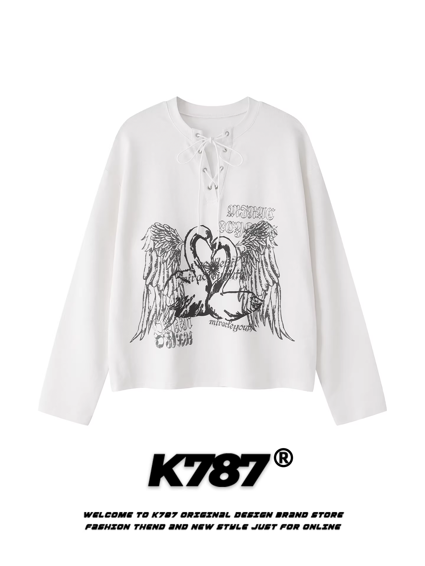 Áo thun dài tay cổ chữ V in hình thiên nga phong cách đường phố Mỹ K787 dành cho nữ, áo khoác kiểu dáng rộng rãi và thoải mái cho mùa thu.