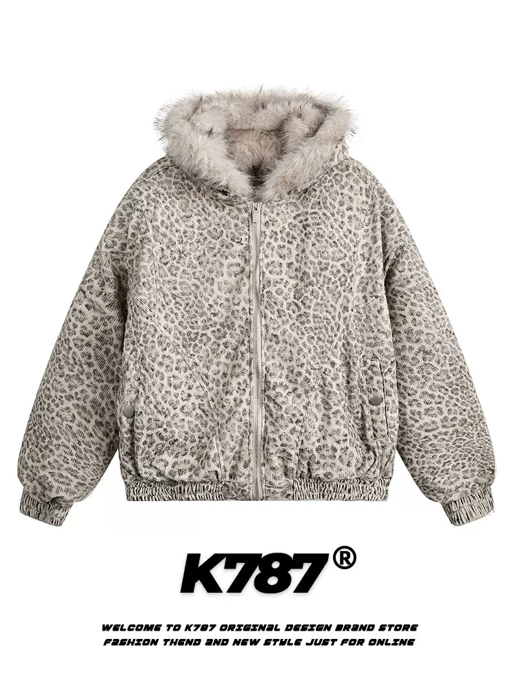 Áo khoác cotton dày dặn cổ lông phong cách Mỹ cổ điển K787, họa tiết báo đốm, unisex, mùa đông 2025, có mũ, dành cho cặp đôi