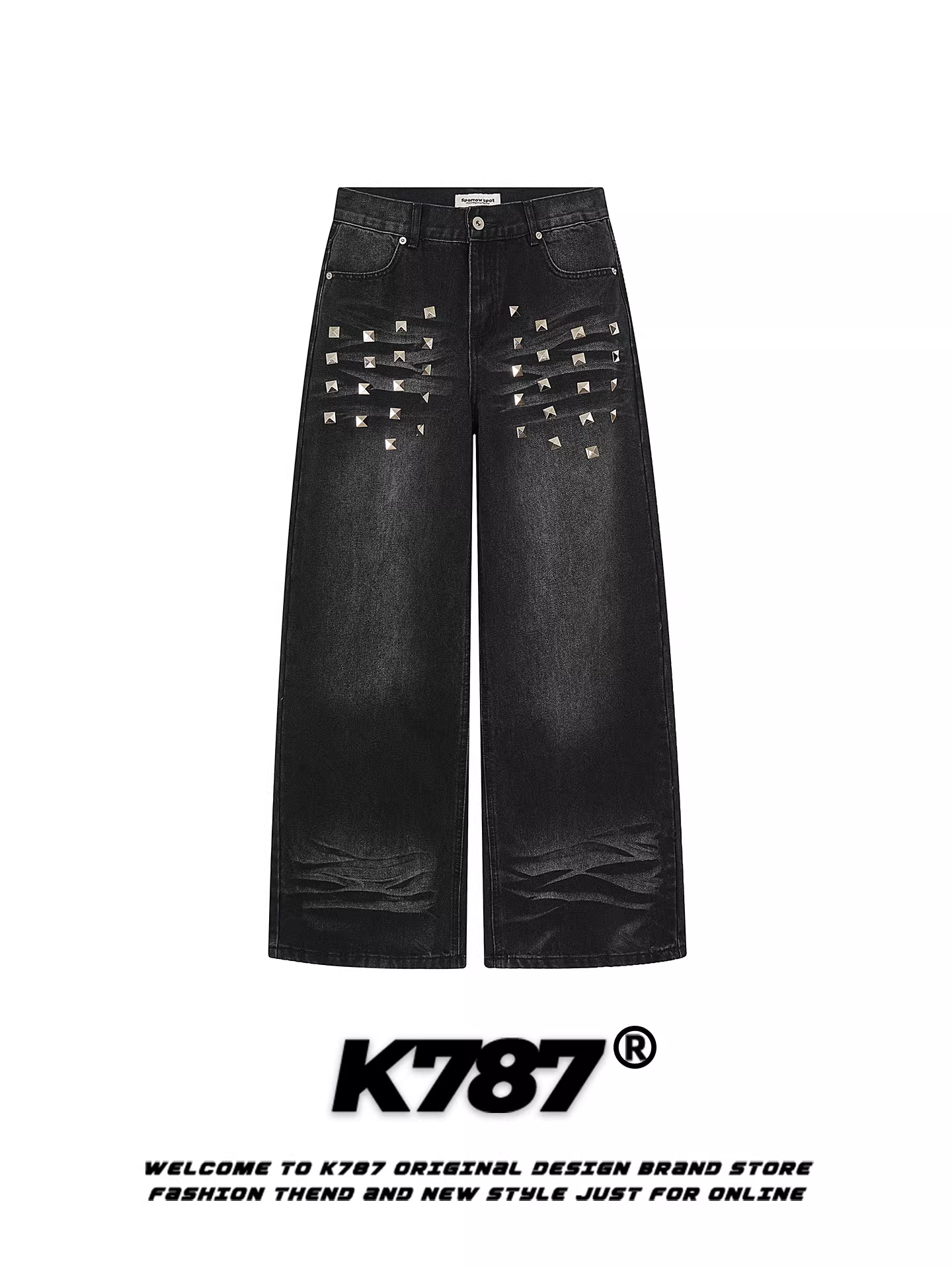 Quần jeans thiết kế đinh tán phong cách đường phố Mỹ K787 dành cho nam và nữ, quần ống rộng dáng suông, cạp cao, tôn dáng, dài chấm đất.