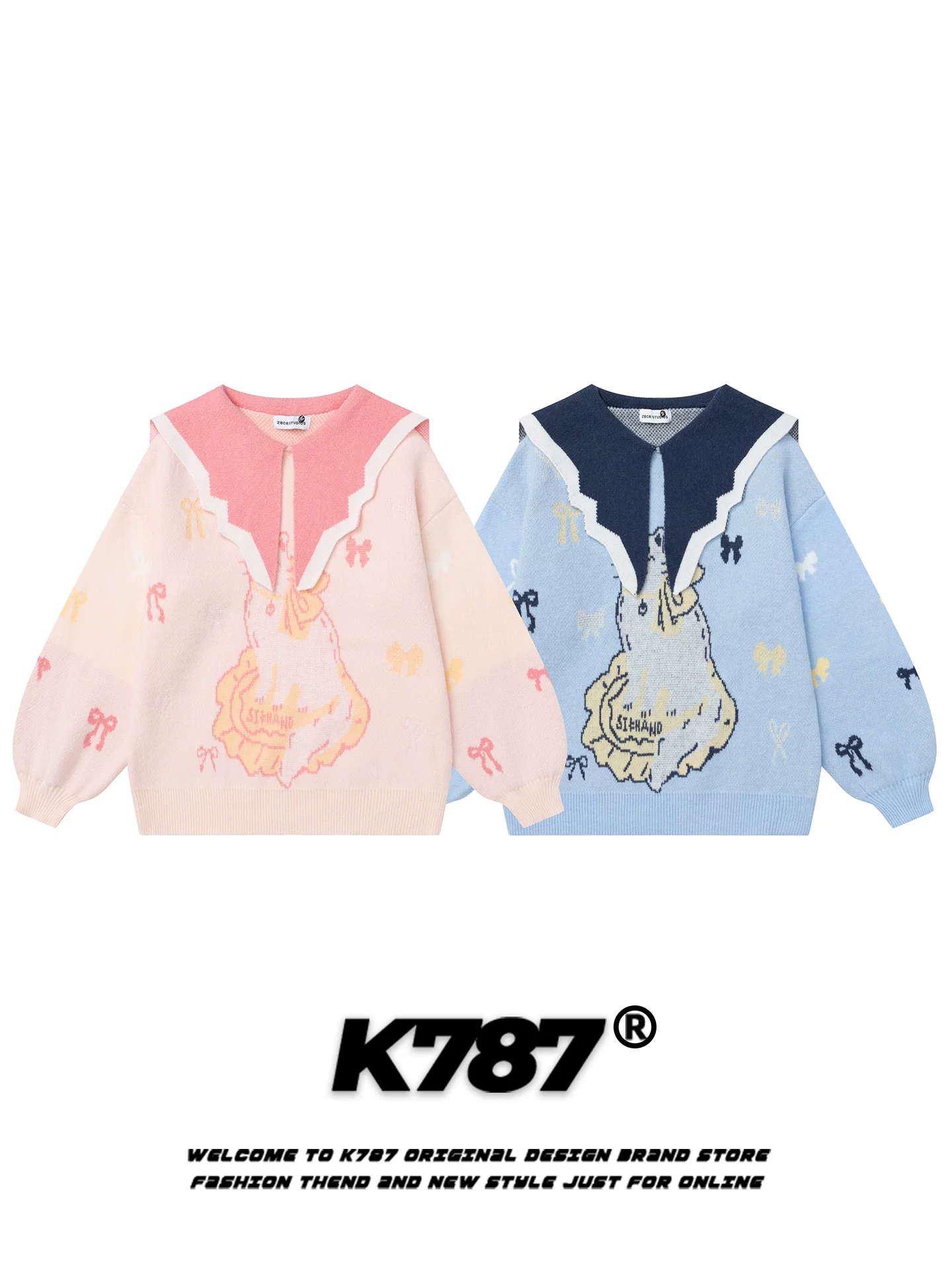 K787 Áo len cổ thủy thủ in hình mèo ngọt ngào và vui nhộn kiểu Mỹ dành cho nữ, áo dệt kim ngắn dáng rộng phong cách Nhật Bản