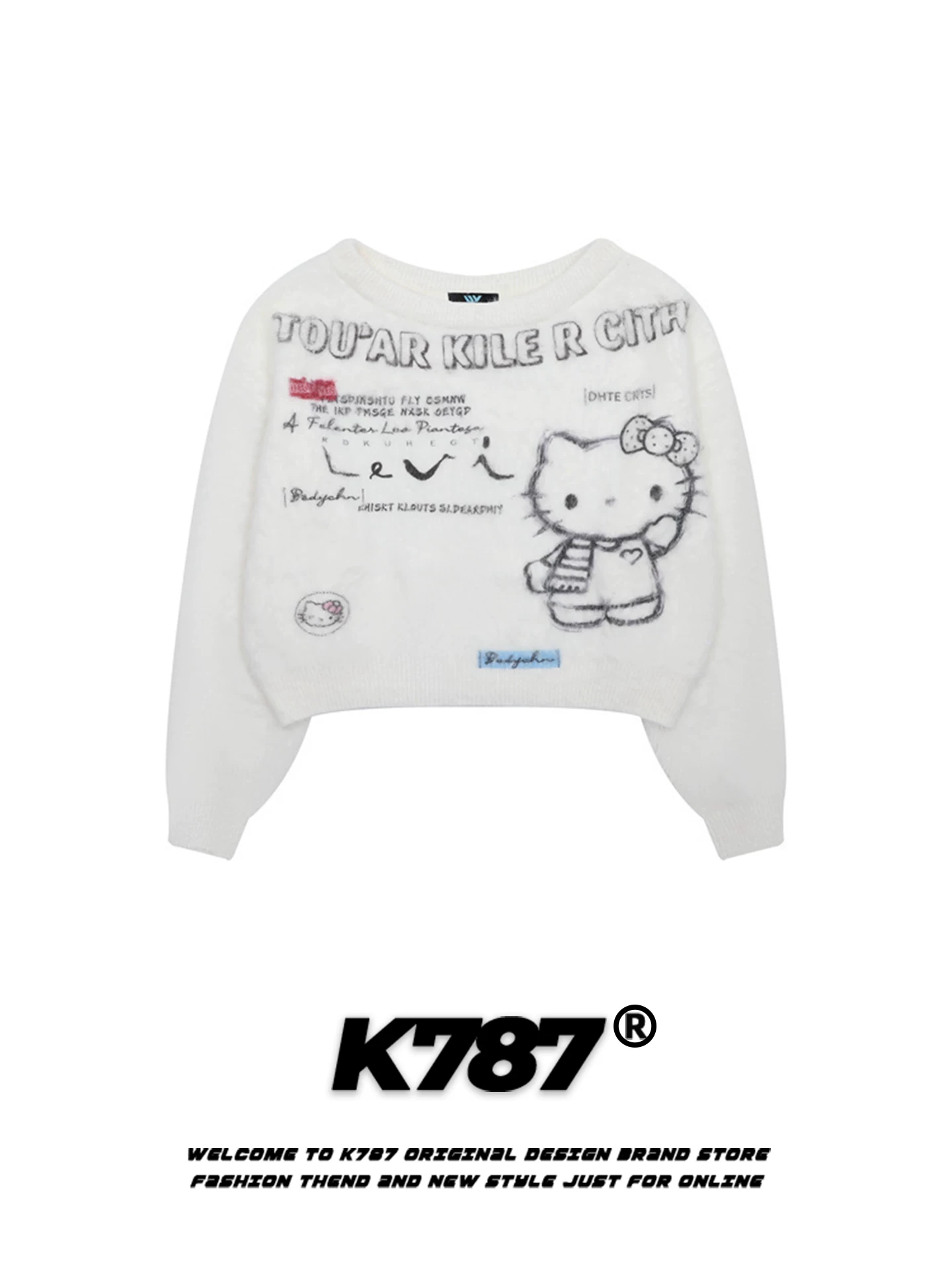 Áo len nữ kiểu Mỹ K787 họa tiết mèo Kitty hoạt hình, dáng rộng, phong cách thời trang, kiểu dáng ôm dáng, áo len ngắn