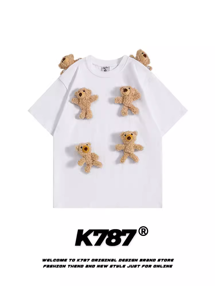 Áo thun ngắn tay có mặt dây chuyền hình gấu cổ điển kiểu Mỹ K787 dành cho nam và nữ, phong cách đại học dễ thương, phong cách lười biếng, áo đôi cho mùa hè.