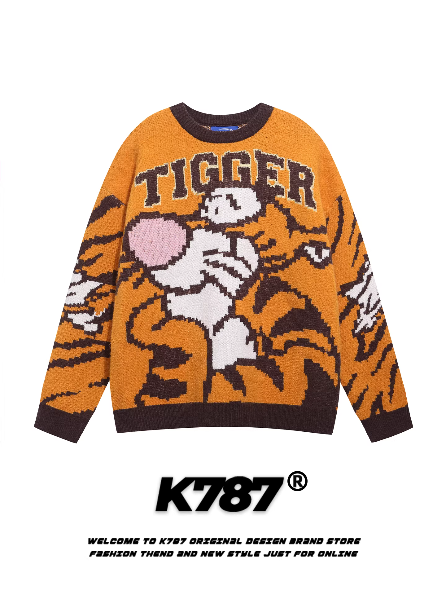 Áo len cổ tròn họa tiết hổ hoạt hình kiểu Mỹ K787, phong cách lười biếng thoải mái, chất liệu dệt kim giữ ấm và tôn dáng cho cặp đôi