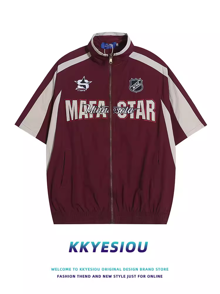 Áo sơ mi ngắn tay cổ đứng kiểu raglan của thương hiệu KKyesiou theo phong cách retro Mỹ dành cho nam có khóa kéo, kiểu dáng chức năng, áo cặp raglan