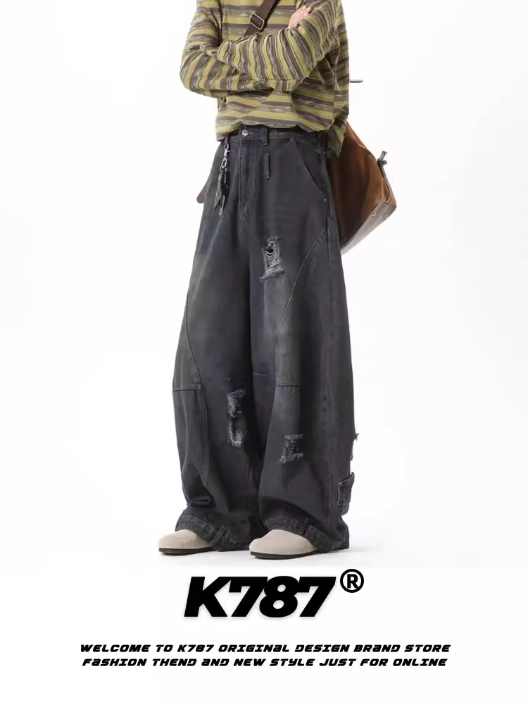 Quần jeans dáng lửng unisex phong cách retro Mỹ, thiết kế phá cách, chất liệu denim cũ, cạp cao, ống rộng, phong cách hip-hop, thường ngày.