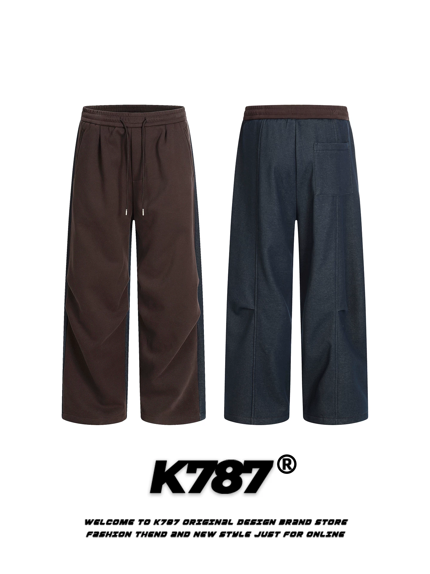 Quần thể thao giả denim phối màu cổ điển kiểu Mỹ K787 dành cho nam và nữ, lót lông cừu, ấm áp, cạp cao, quần ống rộng thẳng