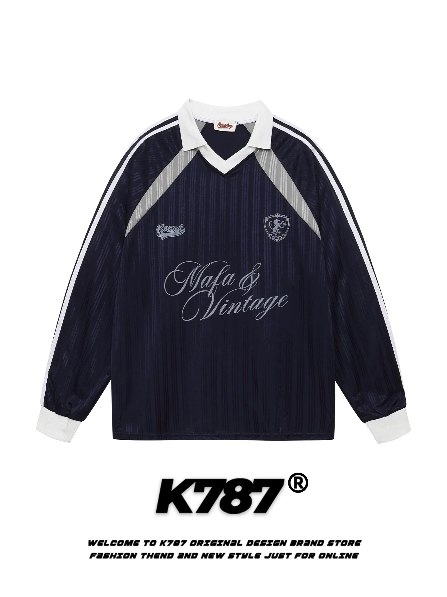 K787 Áo thun dài tay cổ chữ V sọc cổ điển kiểu Mỹ unisex áo thể thao có đinh tán in chữ áo sơ mi POLO