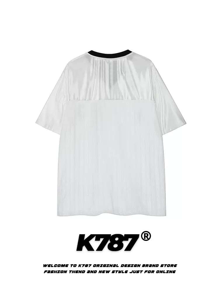 K787 phong cách lười biếng in hình bướm chắp vá jersey nửa tay áo unisex blokecore áo thun ngắn tay cổ chữ V dáng rộng mùa hè