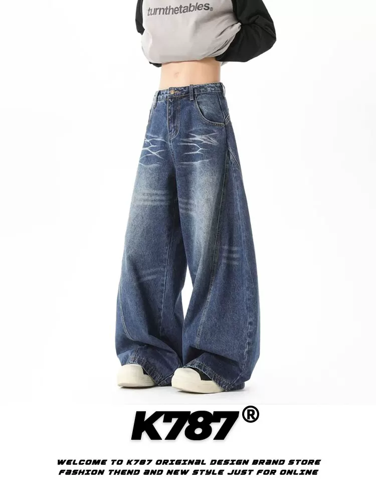 Quần jeans K787 kiểu Mỹ cổ điển, xước mài, unisex, dáng rộng, đa năng, cạp cao, kiểu dáng thanh lịch.