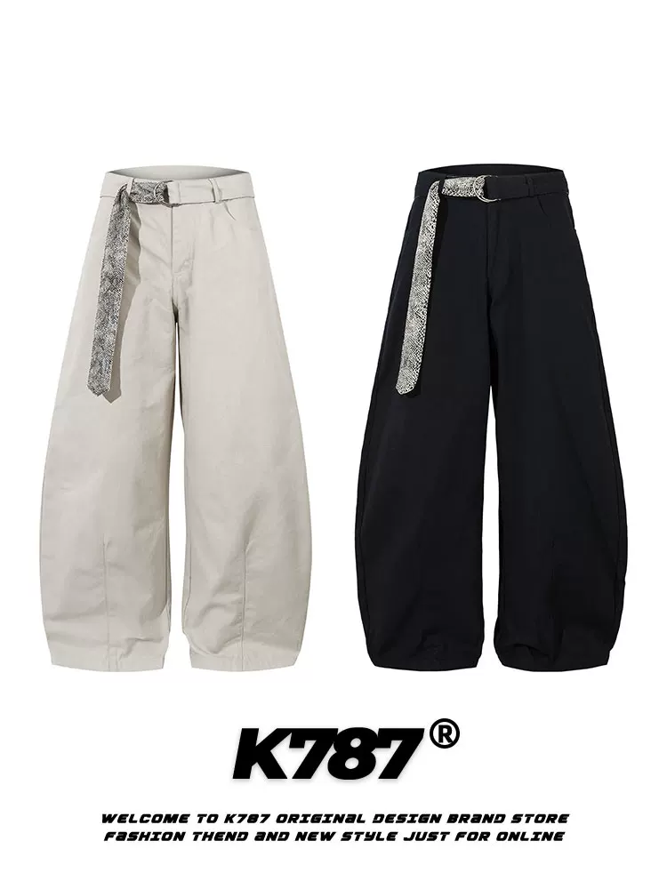 Quần Âu Unisex dáng rộng, chất liệu vải bố phối ren họa tiết da báo kiểu retro Mỹ, cạp chun, ống thẳng, phong cách đường phố, mã K787
