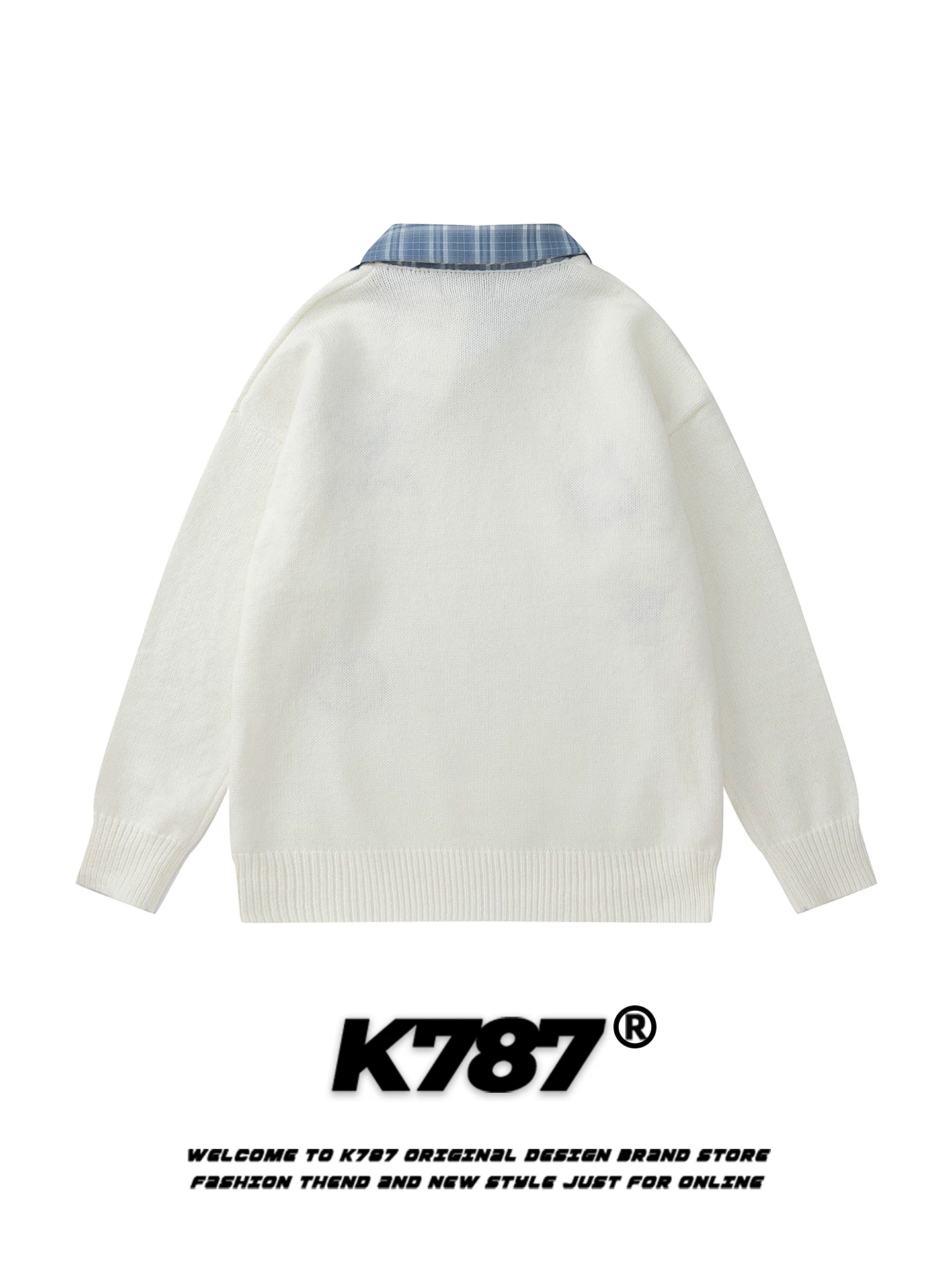 Áo sơ mi POLO thêu hình chú chó kiểu Mỹ K787 dành cho nữ, chất liệu len dệt kim phối họa tiết ca rô, kiểu dáng rộng rãi, phong cách sinh viên, dành cho cặp đôi