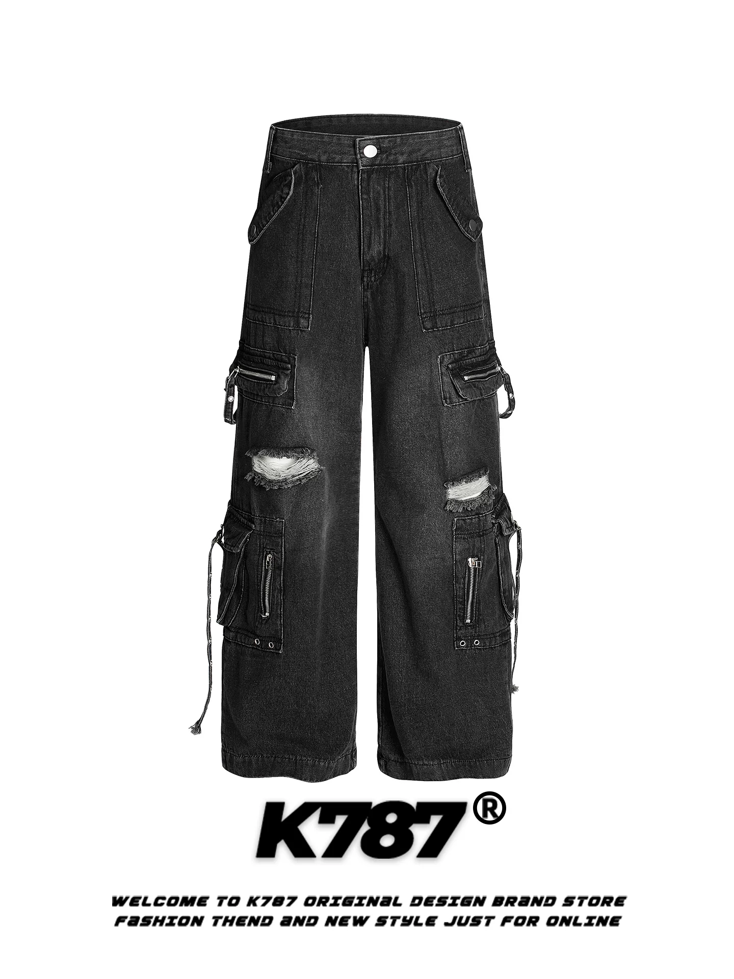Quần jeans unisex kiểu dáng đường phố, phong cách hoang tàn, nhiều túi, rách, kiểu Mỹ cổ điển K787, cạp cao, ống rộng, dáng thẳng
