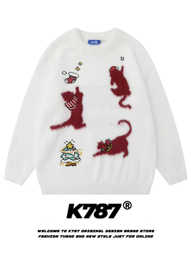 K787 Áo len dệt kim mohair phong cách cổ điển kiểu Mỹ dành cho nam và nữ, áo len thêu cây thông Noel mùa đông dành cho cặp đôi