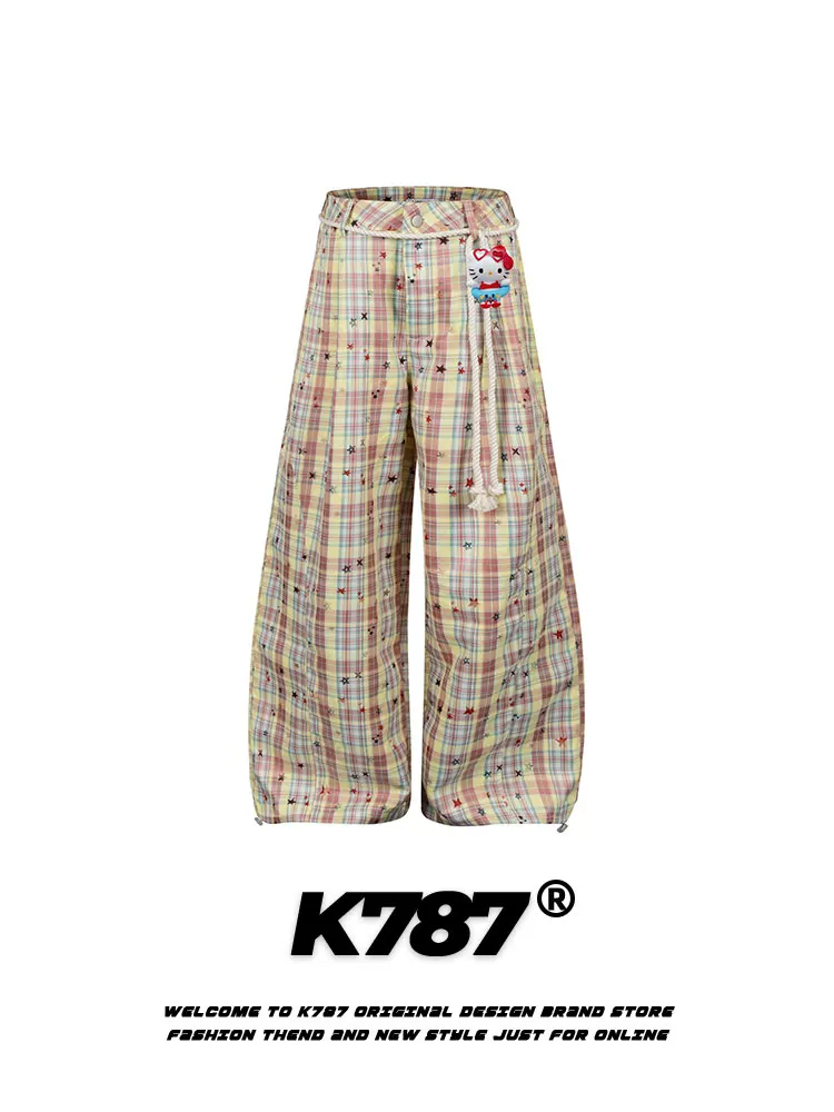 Quần âu kiểu Mỹ cổ điển K787 họa tiết hoa caro, unisex, dáng rộng, ống rộng, cạp cao, kiểu dáng xòe.