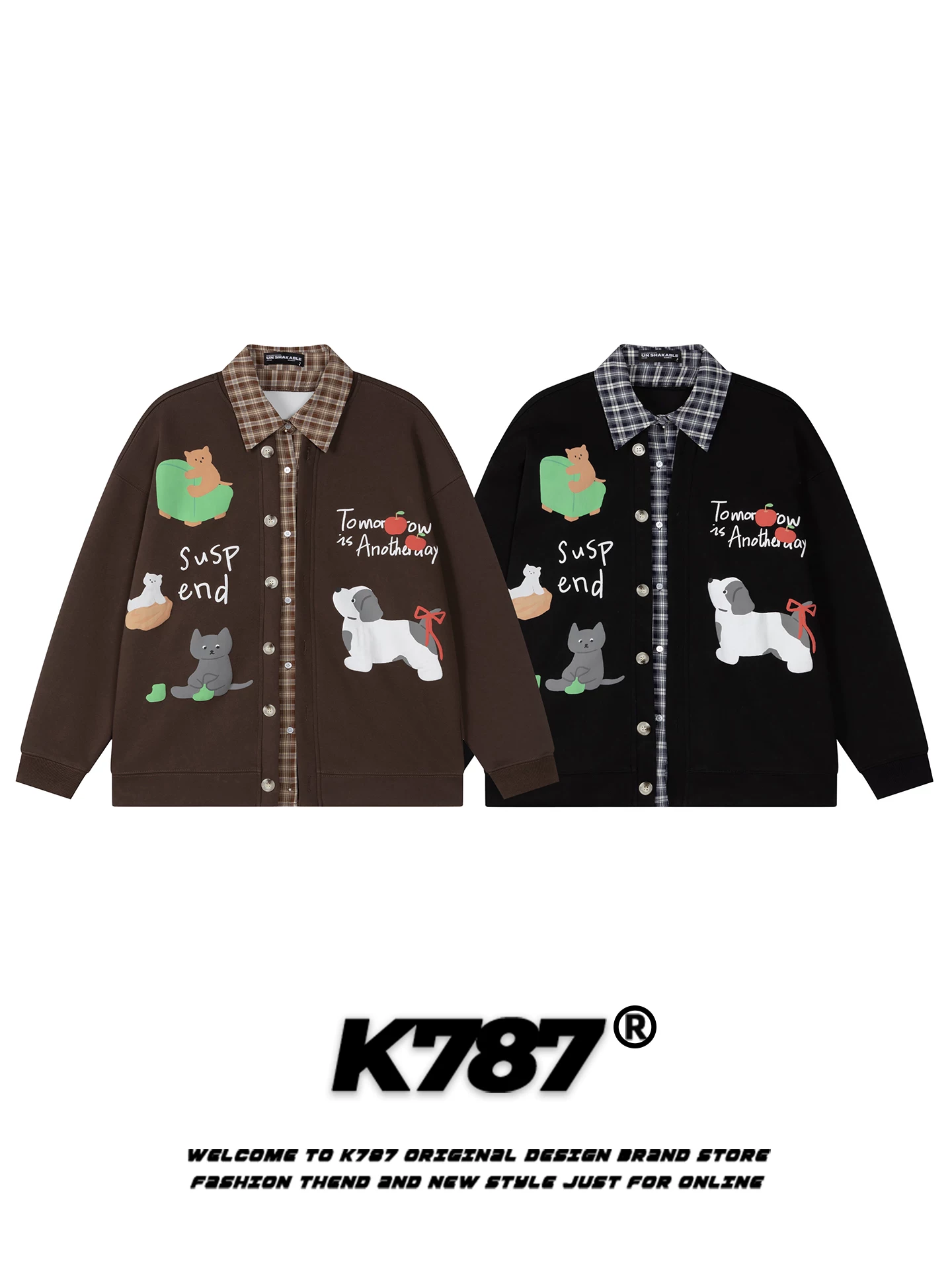 K787 Phong cách đường phố Mỹ mèo và chó thư graffiti áo len cardigan unisex cổ điển phong cách đại học cặp đôi áo khoác mùa thu