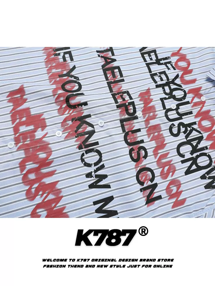 K787 Mỹ retro thư graffiti sọc dài tay áo sơ mi unisex hợp thời trang dáng rộng giản dị áo sơ mi cặp đôi áo khoác