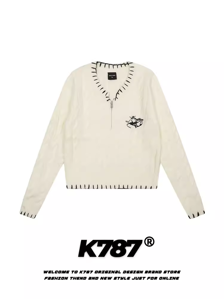 Áo len ngắn kiểu dáng lười thêu cổ chữ V phong cách retro Mỹ K787 dành cho nữ, áo thun dáng rộng đa năng, cổ tròn, tay áo thường