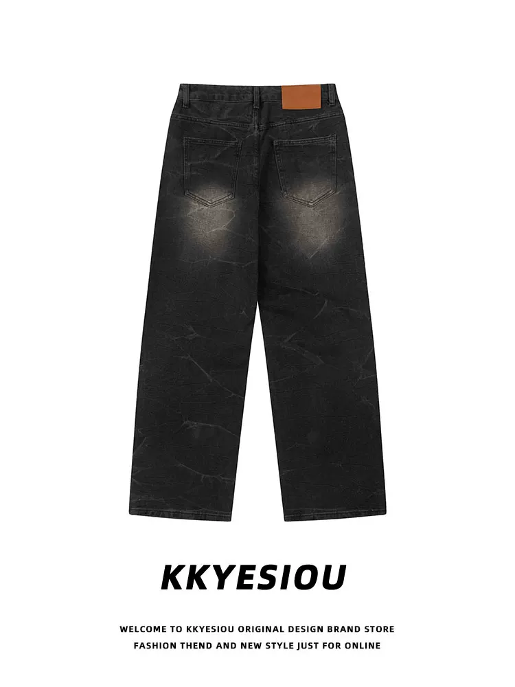 Quần jeans denim kiểu Mỹ cổ điển, đã qua xử lý làm mềm, dành cho nam và nữ, dáng rộng, xu hướng thời trang, cạp cao, ống thẳng.