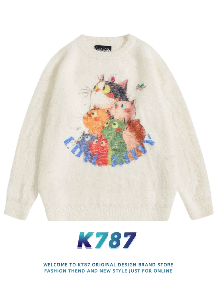 K787 Áo len dệt kim phong cách retro cổ điển của Mỹ dành cho nam và nữ, áo len cặp đôi dày dặn đa năng theo chủ đề mèo