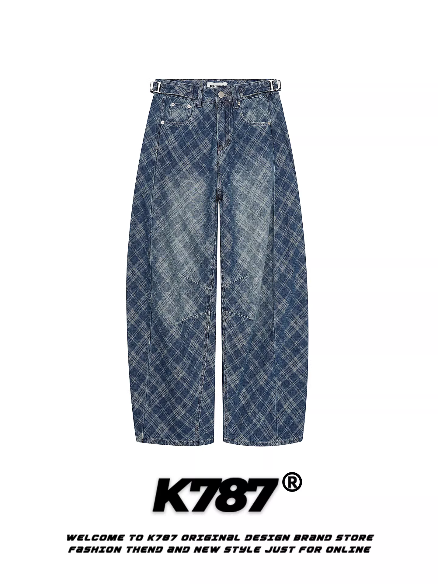 Quần jean K787 kiểu Mỹ cổ điển, họa tiết kim cương, dành cho nam và nữ, dáng rộng, cạp cao, ống rộng, tôn dáng, dài chạm sàn, kiểu dáng cong, cắt xéo.