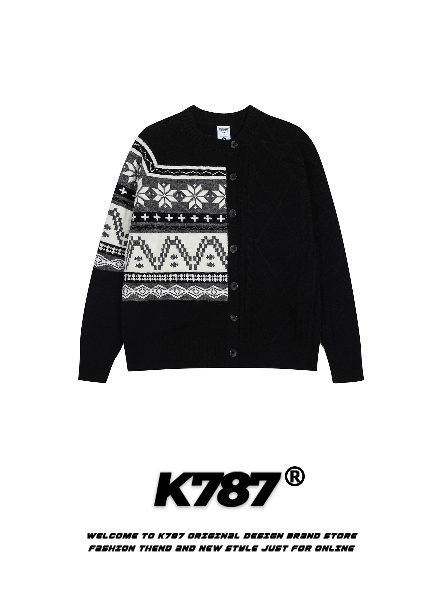 Áo cardigan dệt kim họa tiết bông tuyết cổ điển Mỹ K787 dành cho nam và nữ, áo khoác len ấm áp phong cách Fair Isle mùa thu đông