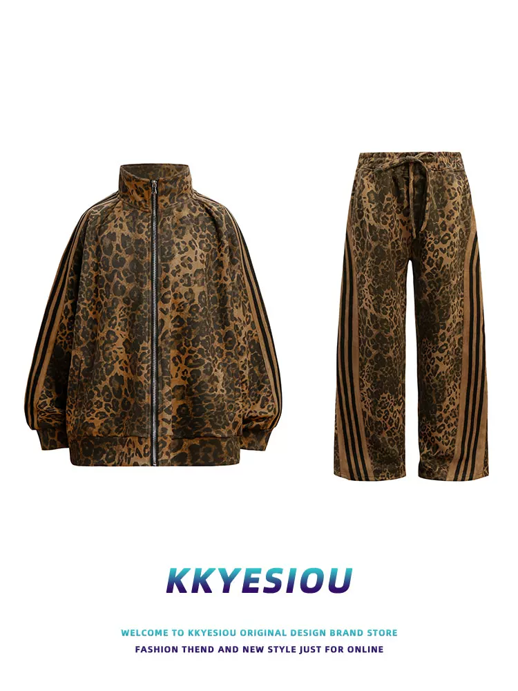 Bộ đồ hip-hop họa tiết da báo KKyesiou với áo sweatshirt cổ đứng dành cho nam và nữ, quần thường ngày, bộ hai mảnh phong cách đường phố