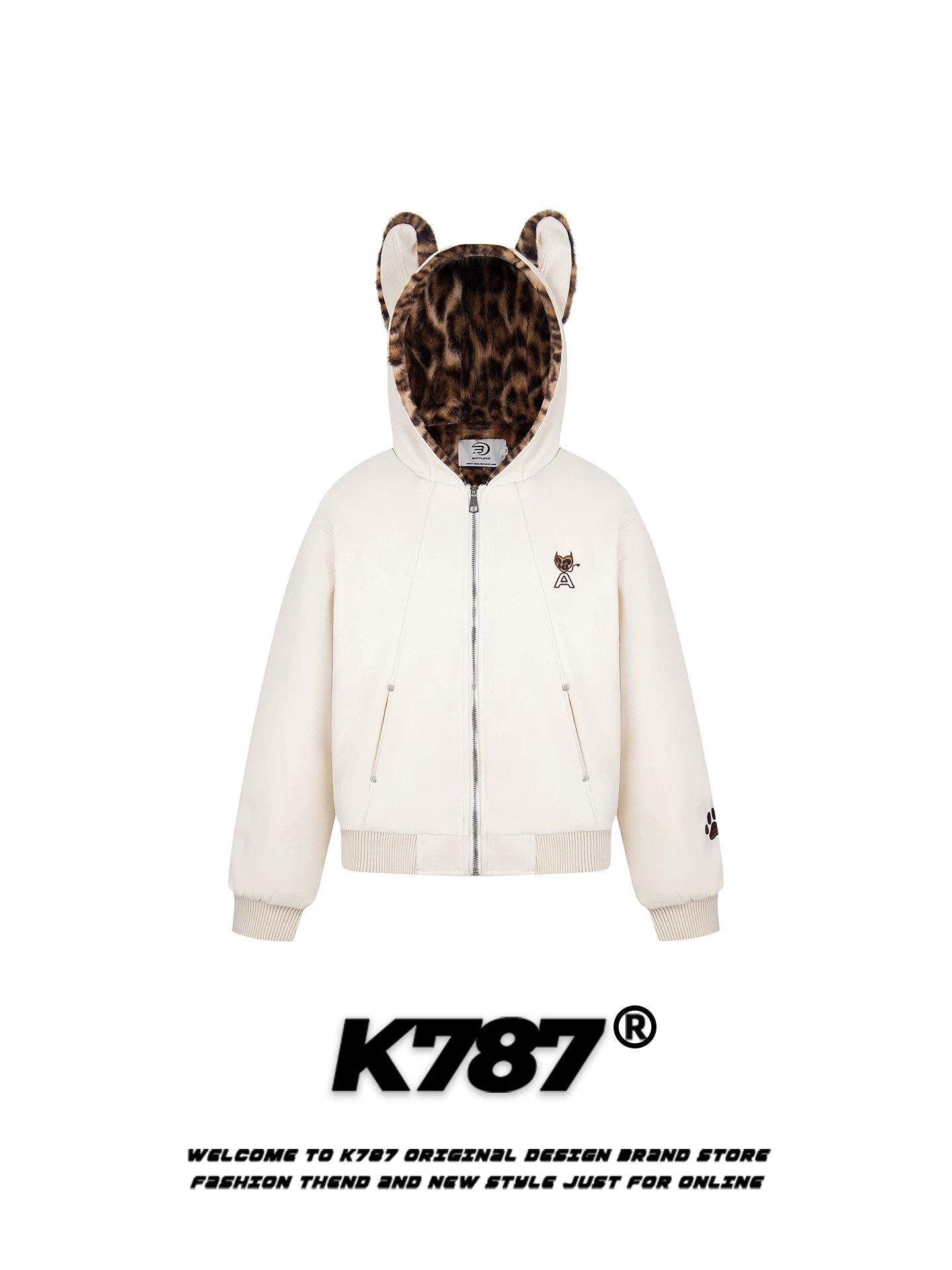 K787 Áo khoác cotton dày có mũ trùm đầu in hình da báo theo phong cách Mỹ dành cho nam và nữ, áo khoác cotton cặp đôi màu hồng rộng rãi và ấm áp