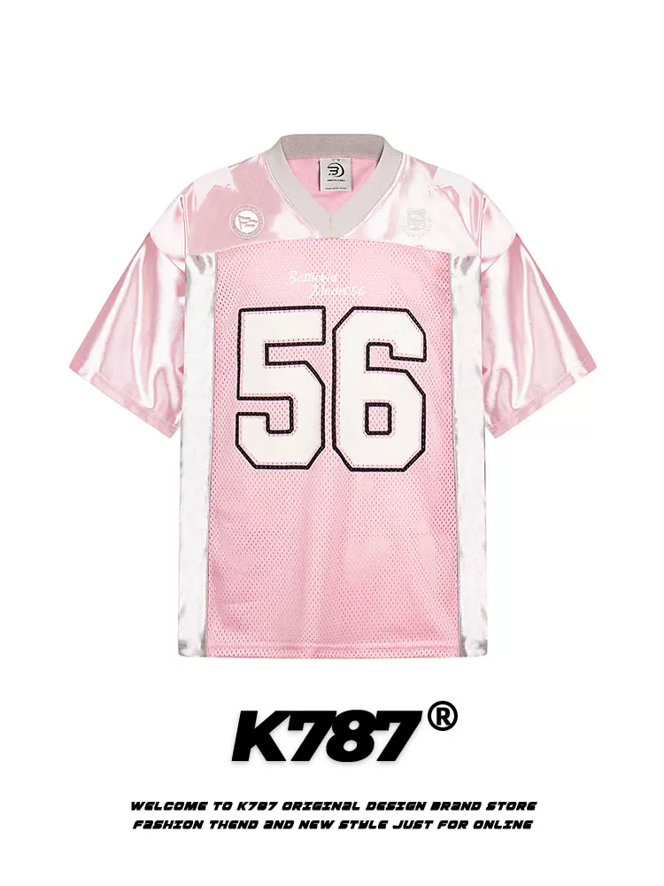 K787 Áo thể thao cổ chữ V cổ điển kiểu Mỹ nửa tay áo unisex blokecore đường phố dáng rộng đa năng Áo thun ngắn tay