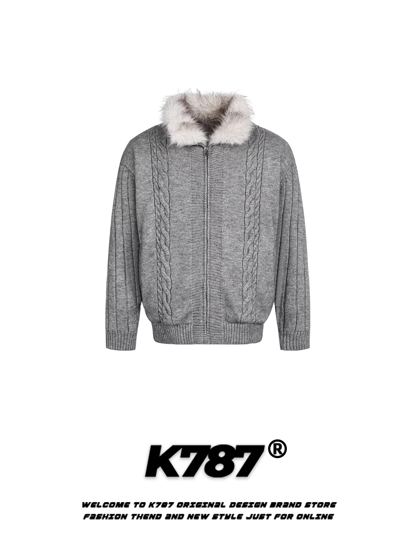 Áo len có khóa kéo cổ lông kiểu dáng cổ điển Mỹ K787 dành cho nam và nữ, áo khoác dệt kim dày dặn, ấm áp, kiểu dáng rộng rãi, thoải mái