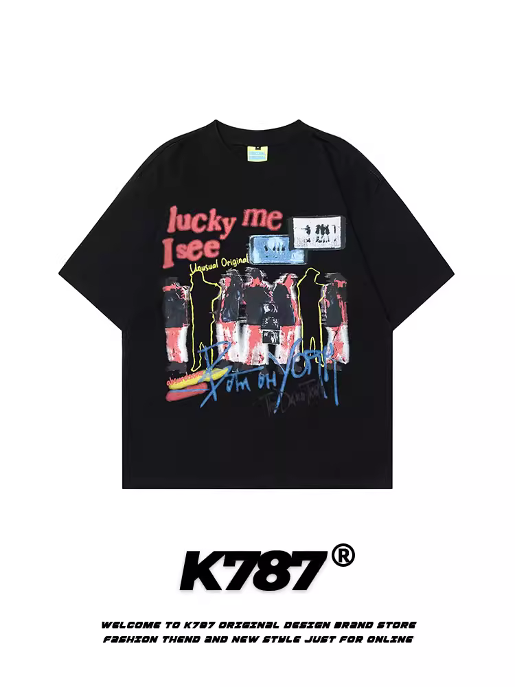 K787 Áo thun ngắn tay in họa tiết hip-hop cổ điển kiểu Mỹ dành cho nam và nữ oversize cặp đôi hạng nặng chất liệu cotton nguyên chất