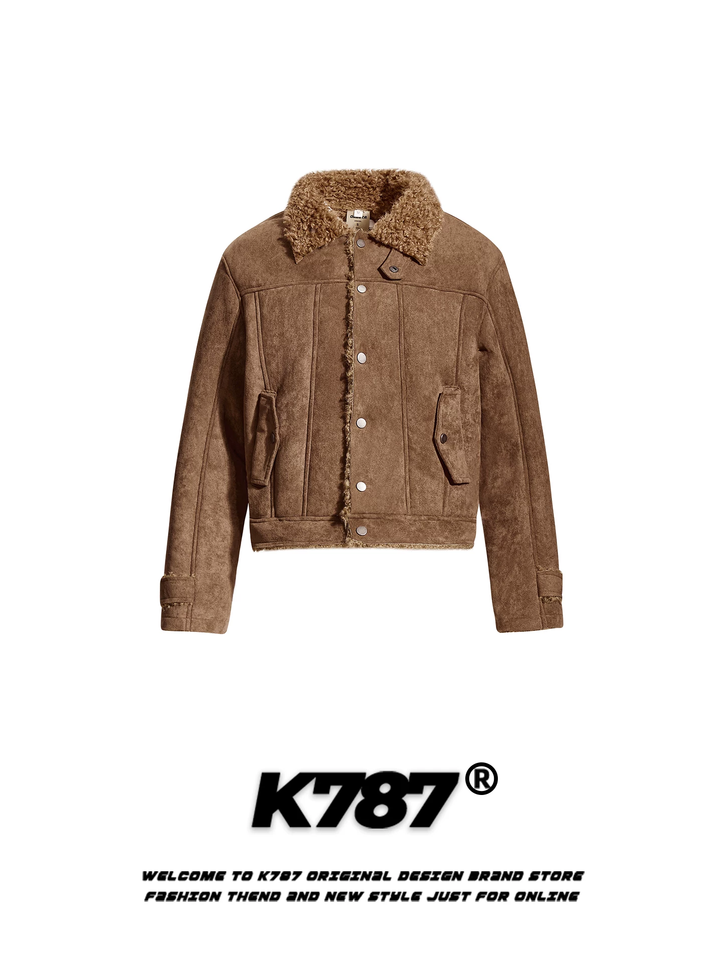 Áo khoác cotton phối len cừu nâu kiểu Mỹ cổ điển K787 dành cho nam và nữ, thương hiệu thời thượng, áo khoác cotton dày dặn ấm áp cho mùa đông.