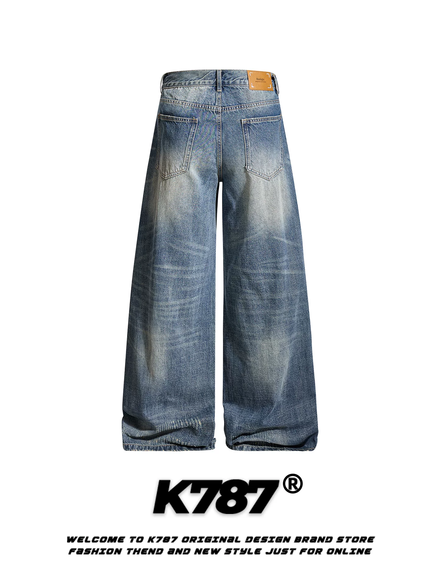 Quần jeans K787 kiểu Mỹ cổ điển, xước, nhăn, rách, unisex, dáng rộng, phong cách đường phố, dài chấm đất, cạp cao, ống thẳng, ống rộng