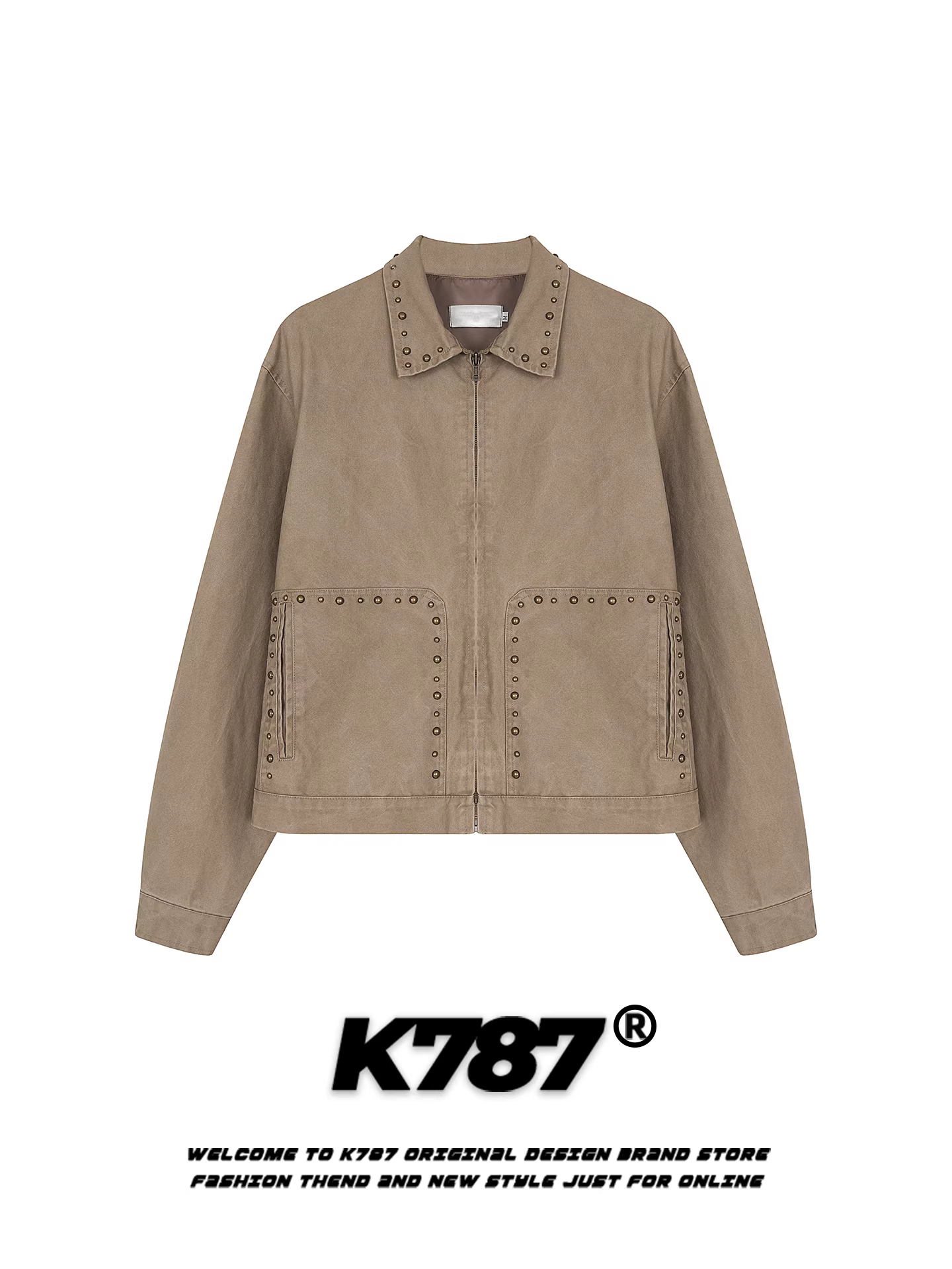 Áo khoác có cổ đính đinh kiểu Mỹ cổ điển K787 dành cho nam và nữ, dáng rộng, áo khoác có khóa kéo cặp đôi hợp thời trang giản dị