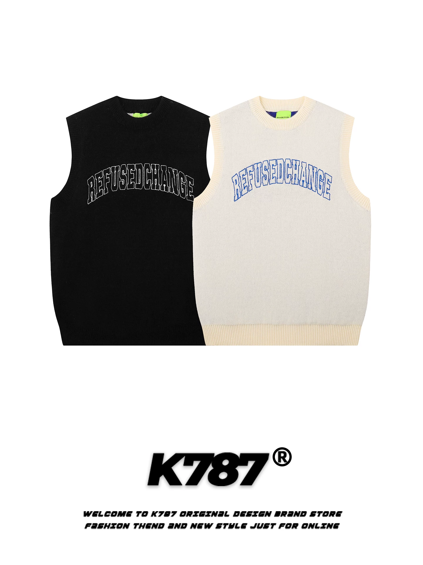 Áo len không tay kiểu dáng cổ tròn thêu chữ retro Mỹ K787, unisex, phong cách đại học, dáng rộng, nhiều lớp, chất liệu dệt kim