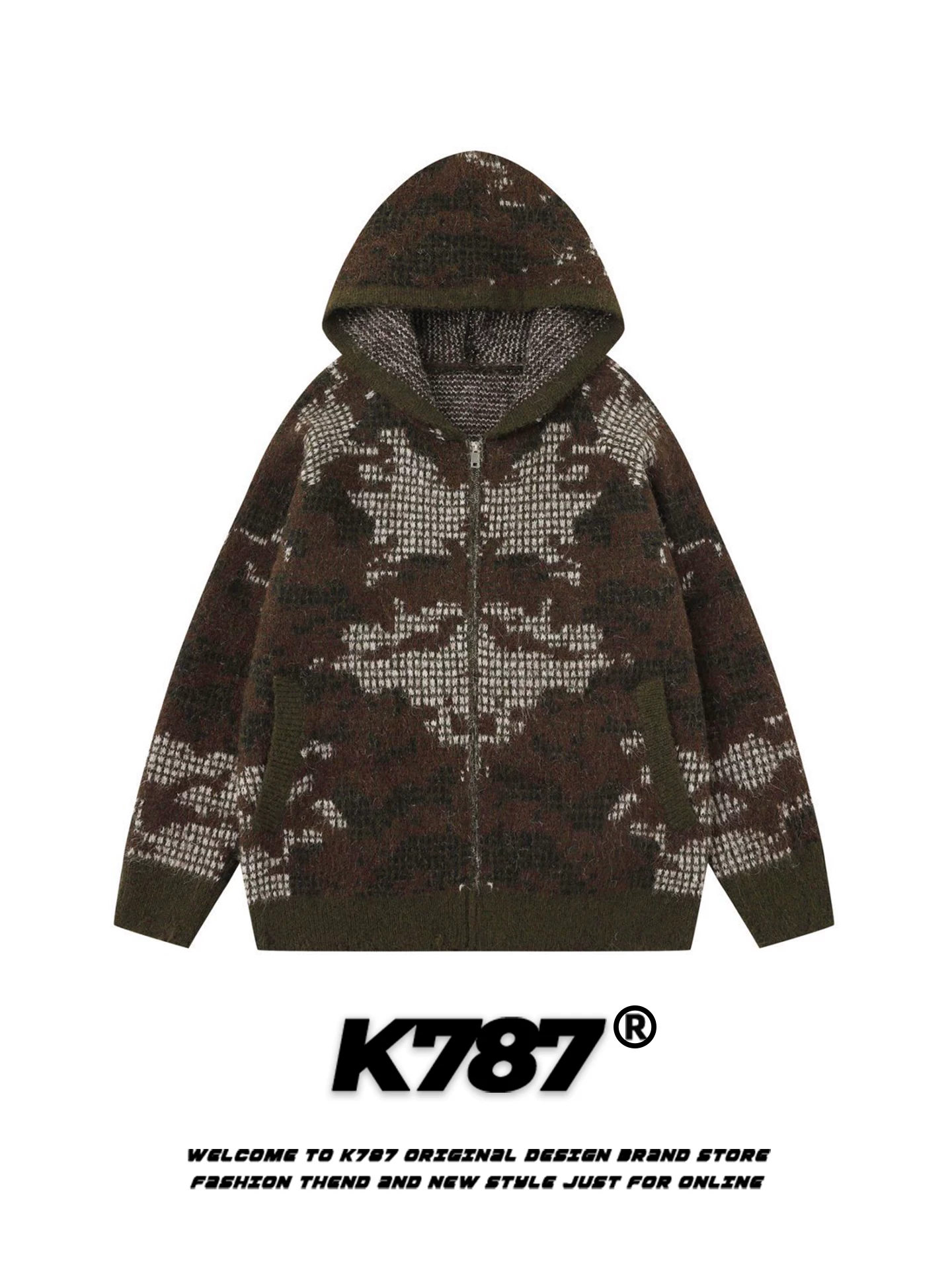 K787 Áo len có mũ trùm đầu cổ điển kiểu Mỹ dành cho nam và nữ, áo khoác hoodie dáng rộng thời trang đường phố thương hiệu giản dị dành cho cặp đôi