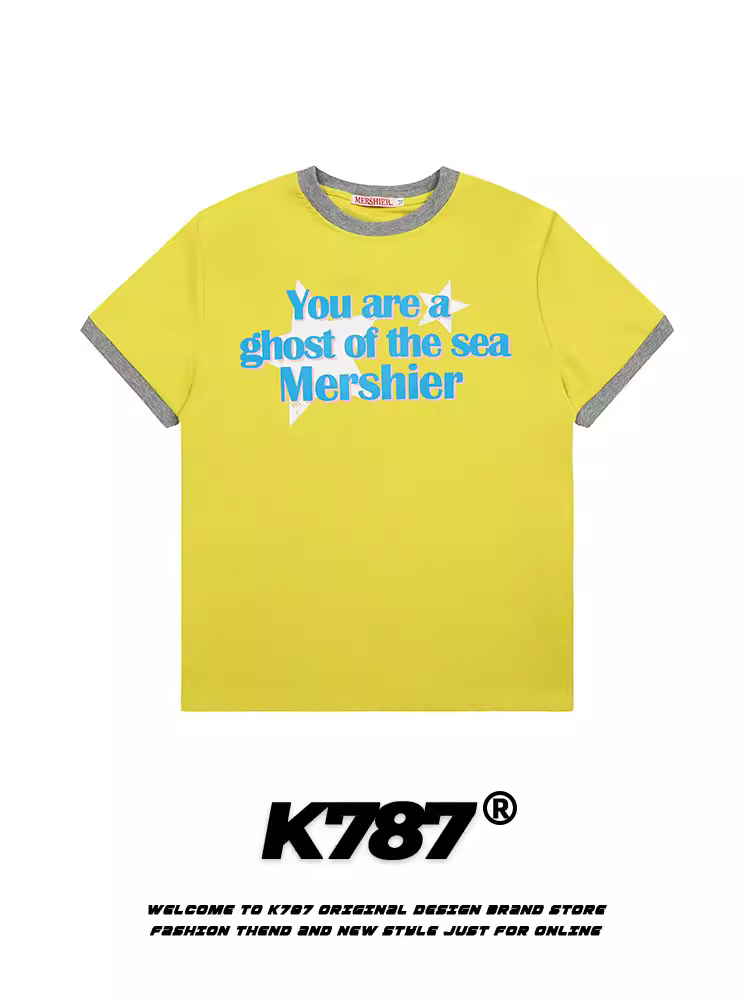 K787 Áo thun ngắn tay phong cách hip-hop nữ tính phong cách bm màu vàng chanh phối màu ngọt ngào mát mẻ áo thun ngắn tay