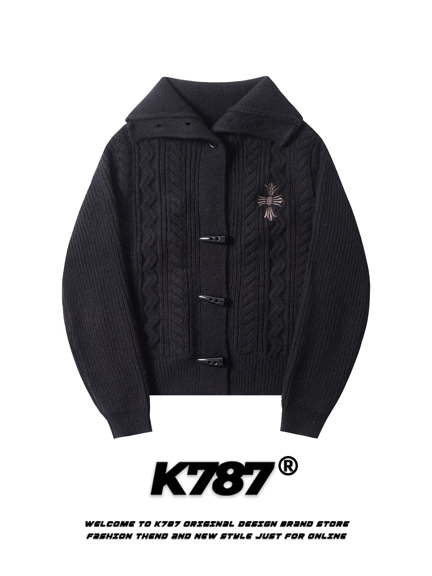 Áo len cổ trụ thêu chữ thập kiểu Mỹ cổ điển K787 dành cho nữ, có khuy cài, kiểu dáng lười biếng, áo khoác ngắn dệt kim phong cách ins