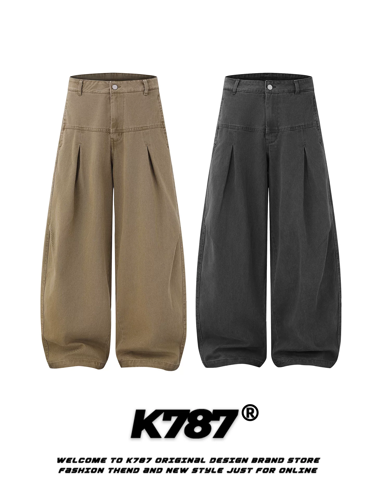 Quần ống rộng xếp ly cao eo dáng suông unisex phong cách retro Mỹ K787, chất liệu washed vintage đơn giản