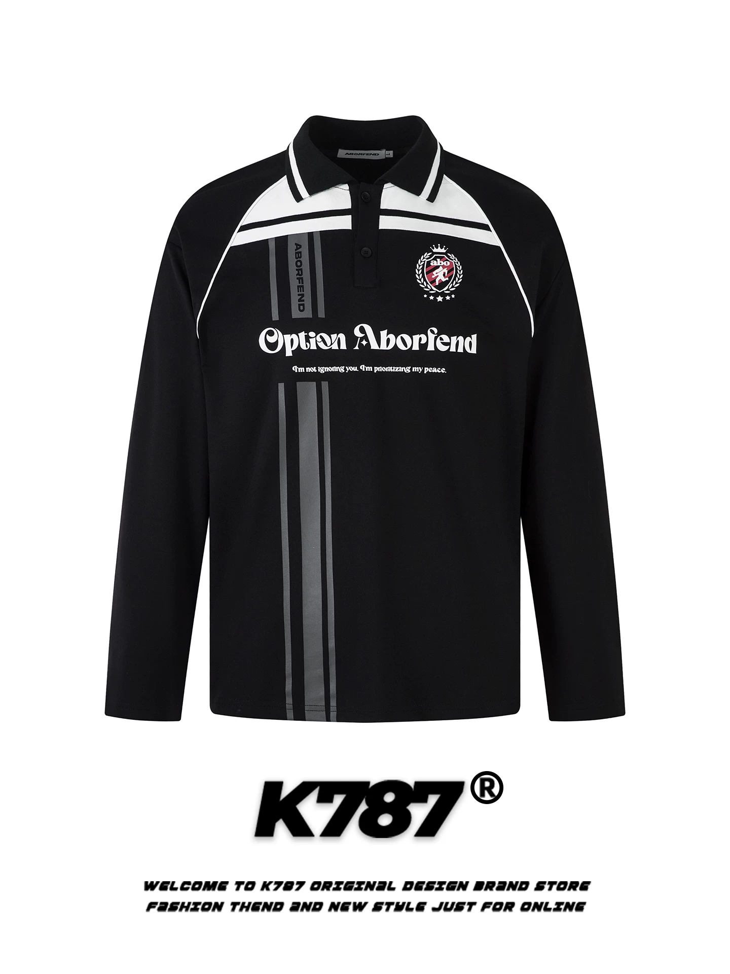 K787 Áo thun dài tay cổ polo sọc phong cách đường phố Mỹ màu khối unisex áo thể thao dáng rộng cho cặp đôi