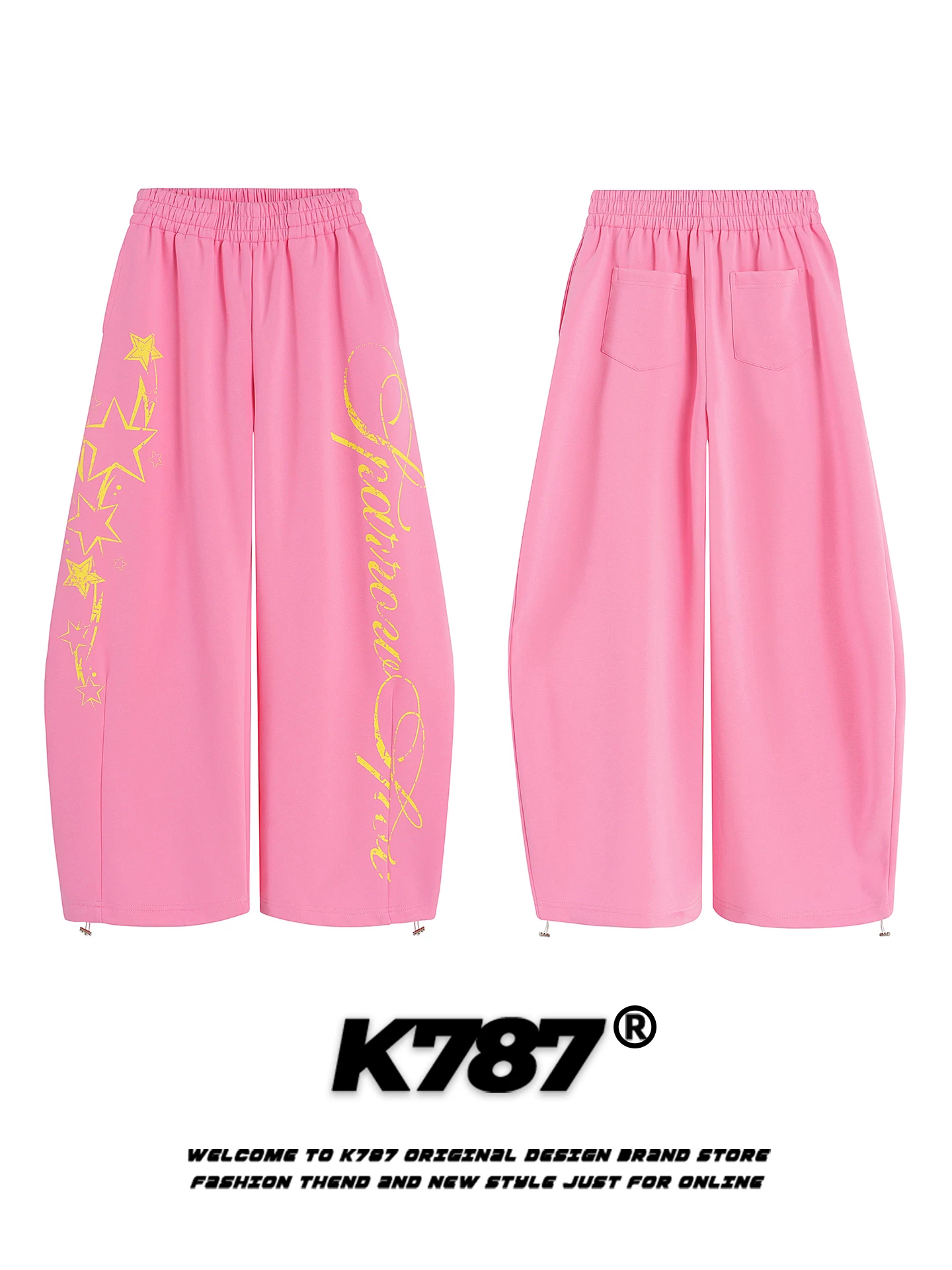 Quần thể thao unisex K787 kiểu Mỹ cổ điển, in chữ, chất liệu mềm mại, cạp cao, dài chấm đất, ống rộng, kiểu dáng quần lửng.