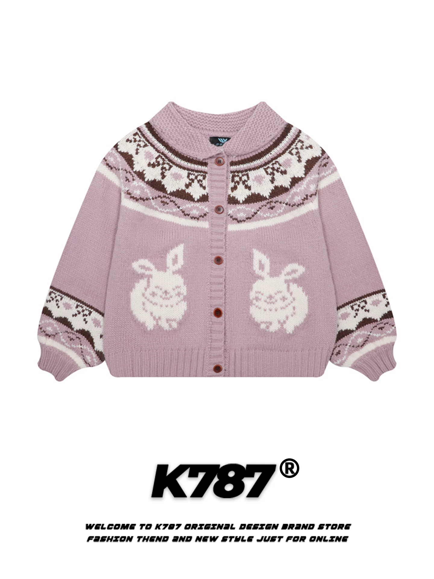 Áo len cardigan dệt kim kiểu Mỹ cổ điển K787 họa tiết thỏ Fair Isle dành cho nữ, dáng rộng, mùa thu đông, phong cách nhẹ nhàng, áo khoác ngắn dệt kim.
