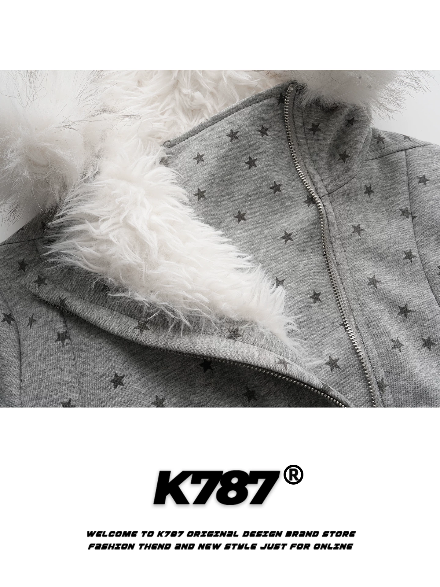 Áo khoác cotton có mũ trùm đầu cổ lông in hình ngôi sao phong cách retro Mỹ K787 dành cho nữ, lót lông cừu, dày dặn, ấm áp, áo khoác cotton ngắn cho mùa đông.